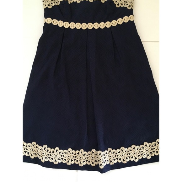 Lilly Pulitzer Betsey Navy Blue and Gold Jacquard Strapless Dress Size 8 - Picture 4 of 16